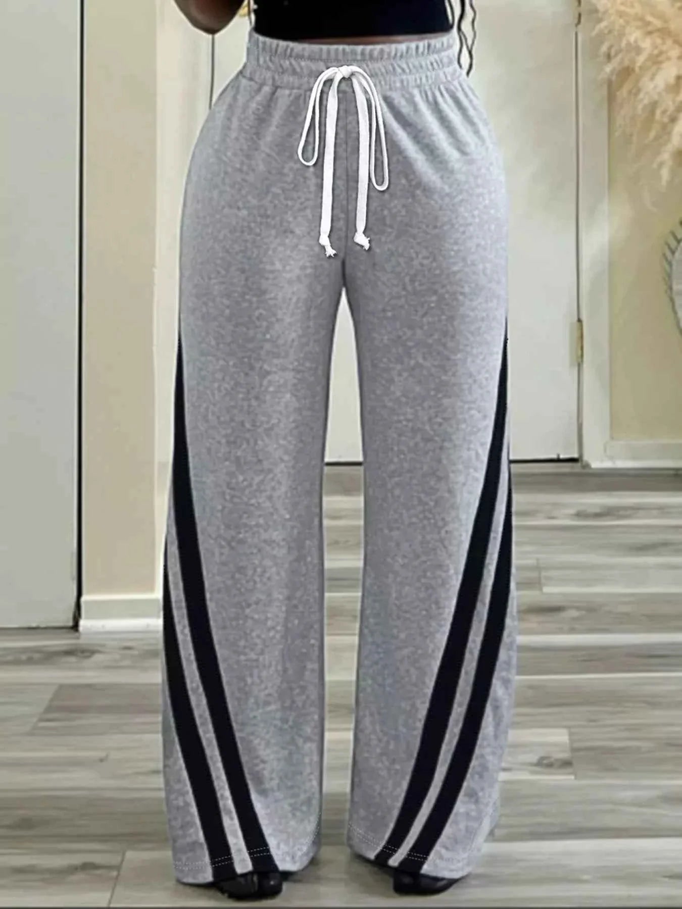 Plus Size Striped Contrast Wide Leg Pants THRIXINE