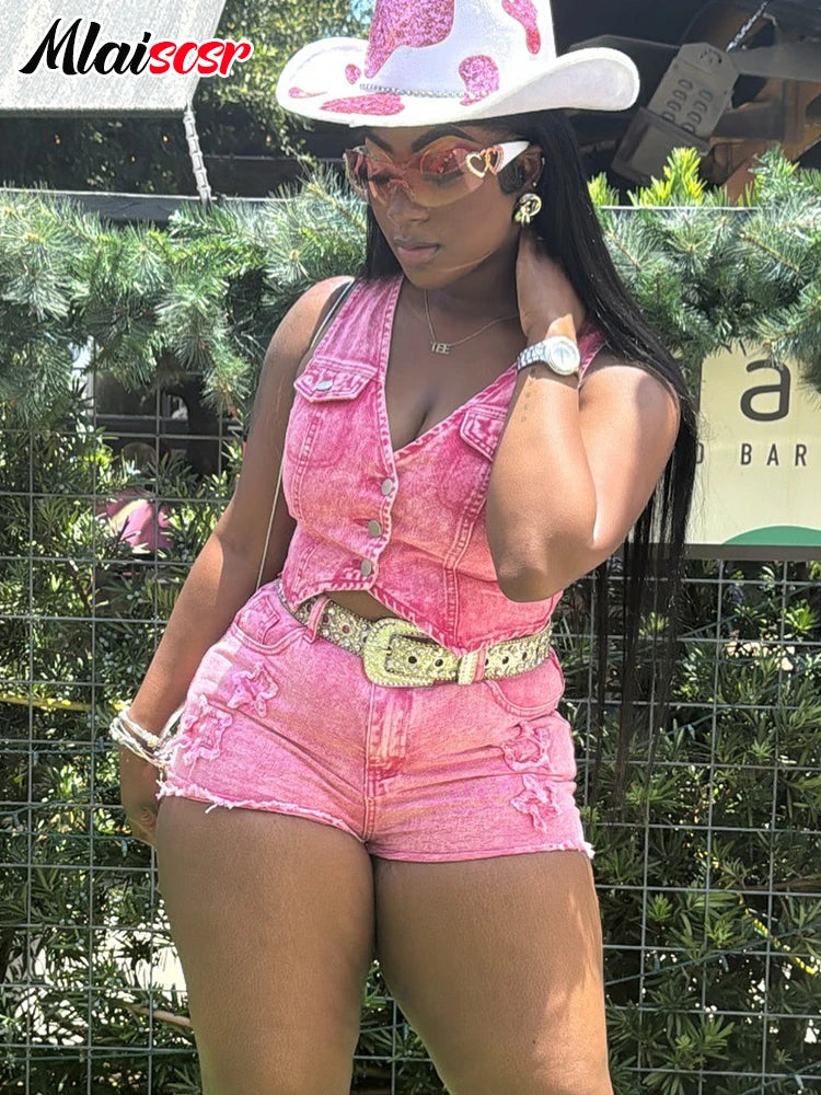 Mlaiscsr Pink Stretch Denim Sexy 2 Piece Club Outfit Women Sets V-Neck Vest Crop Tops and Embroidered Shorts Suit Y2k Streetwear Purplish Diva