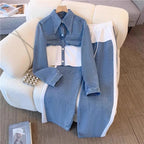 Two Piece Sets Women Pant Set Denim Splice Matching Sets Spring Top Wide Leg Long Pants Casual Loose Lace Up High Waist Jogger Purplish Diva