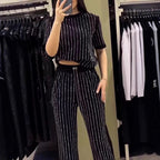 Vertical Striped Rhinestone Top Two-piece Set Pi-Mart