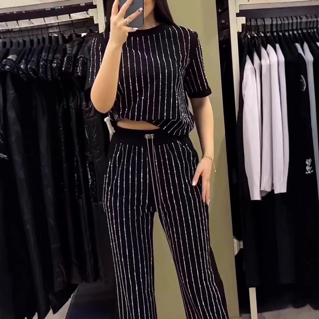 Vertical Striped Rhinestone Top Two-piece Set Pi-Mart