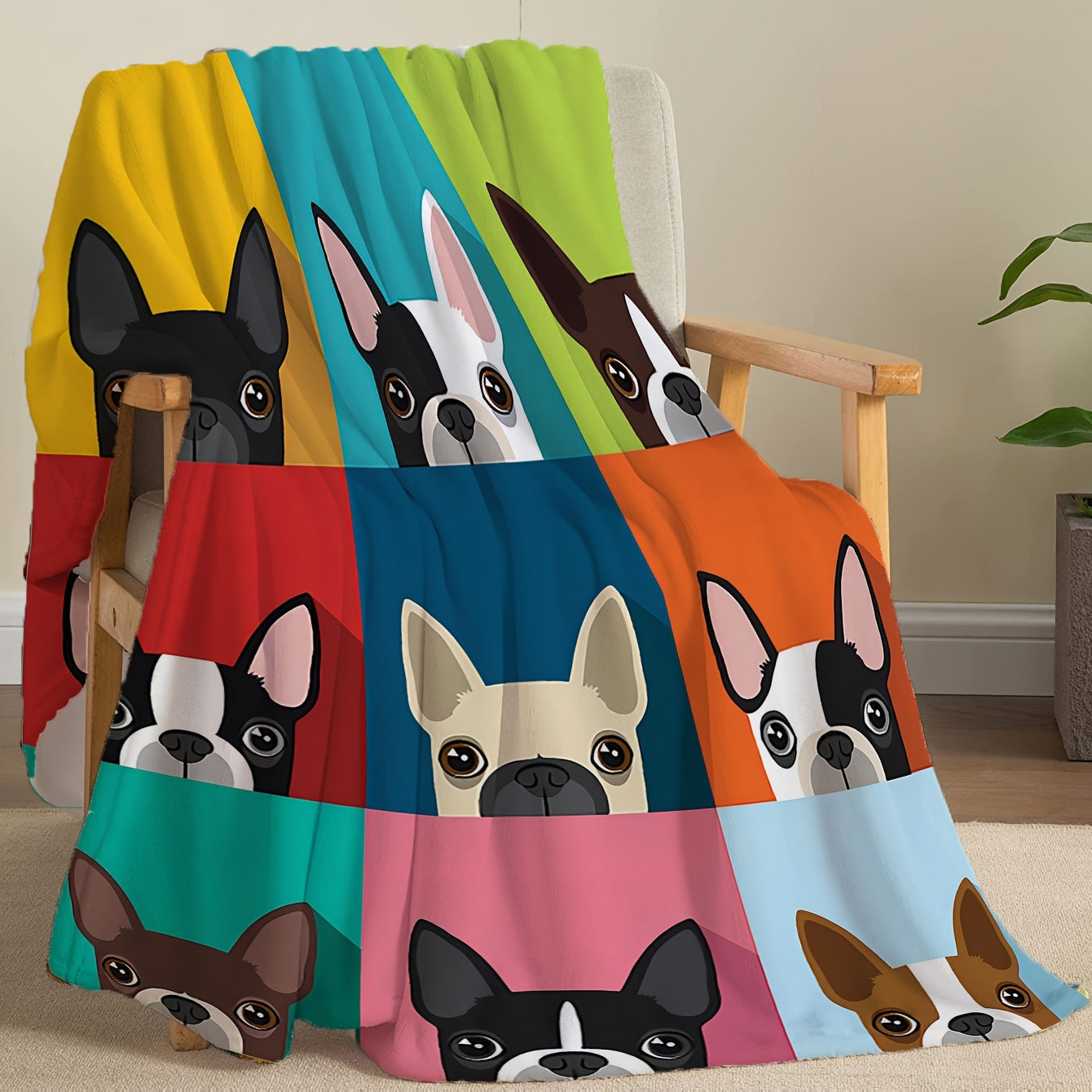 1pc Colorful French Bulldog Patchwork Flannel Blanket, Cozy Throw Blanket For Couch, Preppy Style, Home Decor, Soft Warm Comfort, Large Multi-Color Dog Print Lootquake LLC