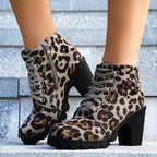 Fashoin Leopard Print Ankle Boots Winter Square Heel Suede Lace-up Zip Boots Women Casual Versatile Shoes Autumn And Winter Pi-Mart
