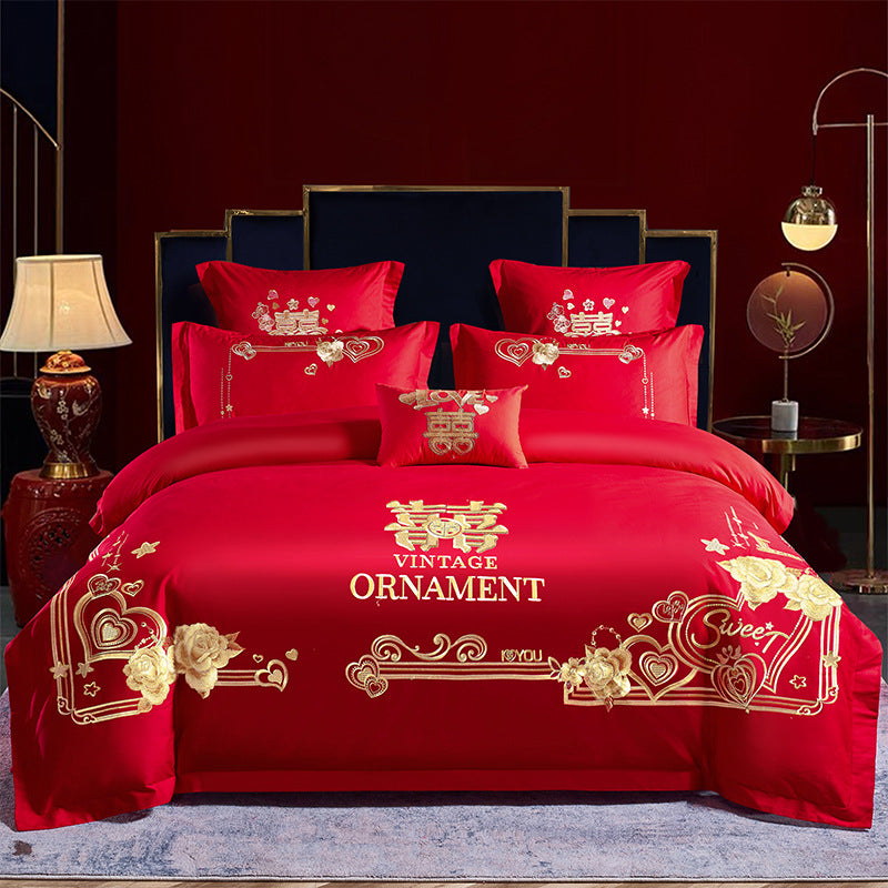 Red Wedding Four-piece Set Wholesale Cotton Wedding Embroidery Bedding Pure Cotton Marriage Bed Xi Quilt Cover Dragon And Phoenix Pi-Mart