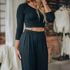 Women's Solid Color Two-piece Solid Exposed Navel Long Sleeved T-shirt And High Waist Wide Leg Pants Set - SJB-DIAMOND ELITES