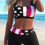 Bikini American Flag Print 2 Piece Criss Cross Halter Swimsuit for Women – High Stretch Patriotic Bikini Set with Ring Knot Back and Boxer Shorts Bottoms – Comfortable Summer Swimwear for Beach Pool and 4th of July Celebrations Stevvex
