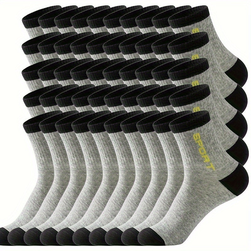 50 Pairs Of Men's Solid Letter Print Sport Crew Socks, Breathable Sweat-absorbing Comfy Soft Casual Simple Style Socks All Seasons Wearing Lootquake LLC