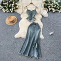 American Hot Girl Retro Denim Two-piece Set.Women's New Summer Fashion Sexy Strappy Halter Top + High Waist Slit Half Body Skirt Purplish Diva