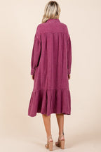 Mineral Wash Cotton Gauze Ruffle Midi Shirt Dress For Women – Casual and Feminine Button-Down Dress with Ruffle Details