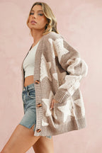 Khaki Star Pattern Pockets Button Front Cardigan