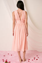 Ruched V-Neck Sleeveless Midi Dress For Women – Elegant and Chic Dress with Flattering Ruched Detailing and Sophisticated V-Neck