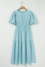 Light Blue Puff Sleeve High Waist Flowy Midi Dress