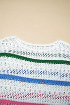 White Colorblock Striped Pointelle Knit Sweater