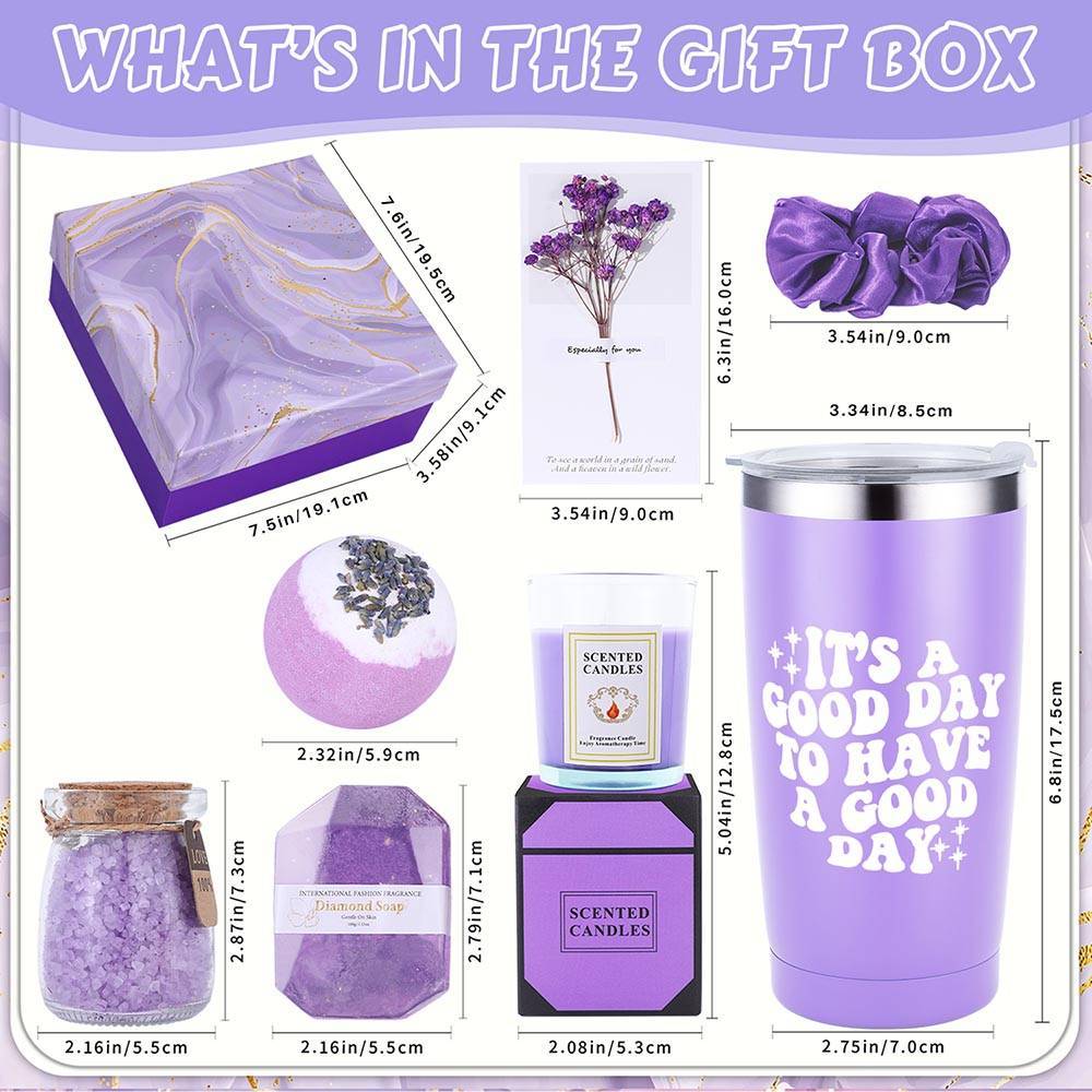 Lavender Bliss 8pcs Gift Set: Insulated Tumbler, Greeting Card, Hair Tie, Scented Candle, Bath Salts, Bath Bomb, Soap Bar - Alcohol-Free for All Skin Types Lootquake LLC