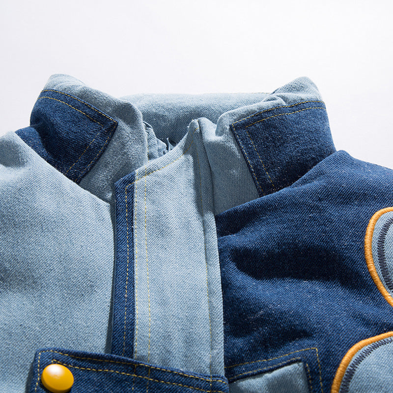 Denim Stitching Embroidered Stand-up Collar Cotton Coat Pi-Mart