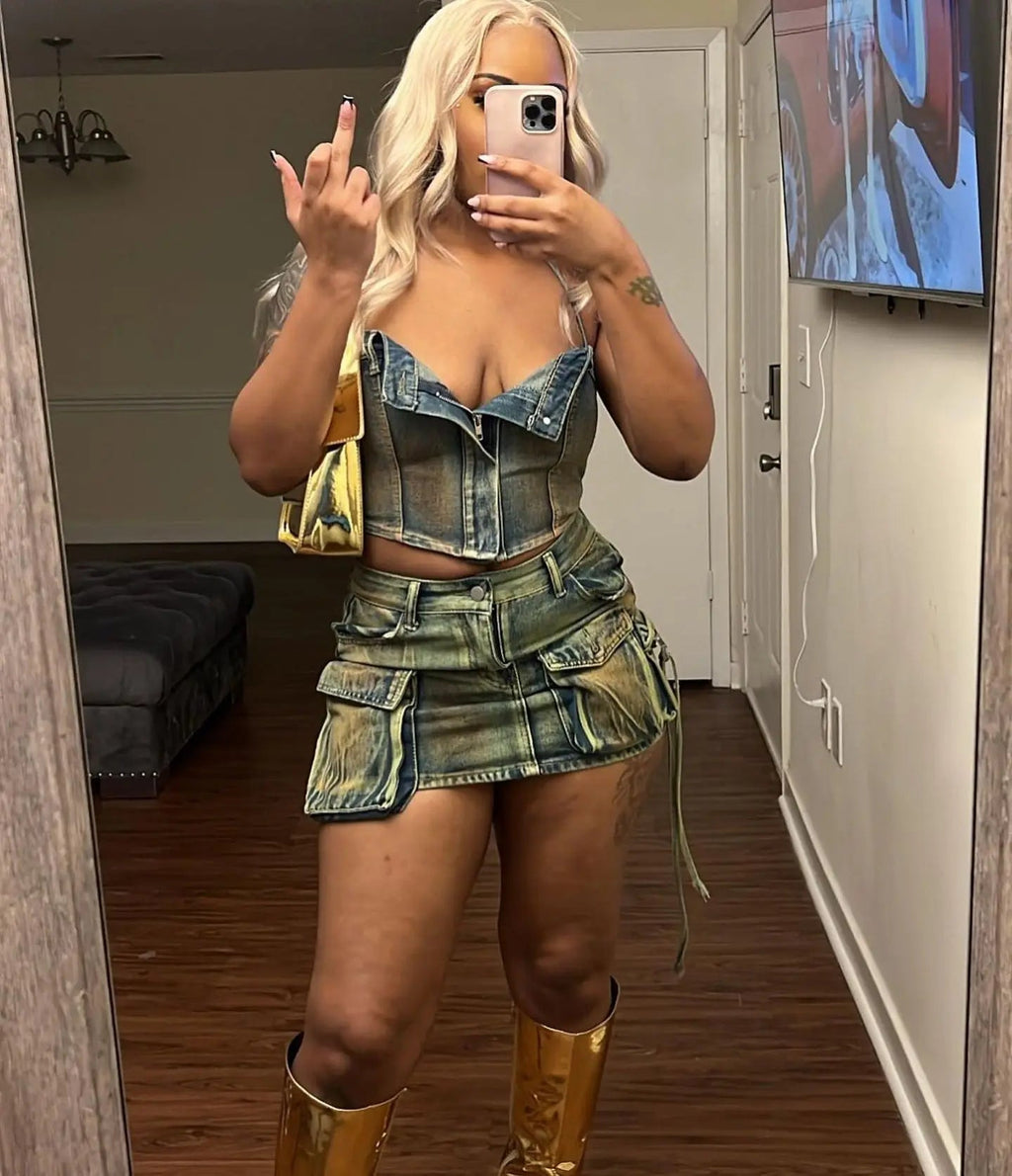 Summer Stretch Denim Strapless Two 2 Piece Sets Women Off Shoulder Sleeveless Tops and Jeans Skirts Birthday Club Cowboy Outfits Purplish Diva