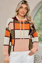 Orange Color Block Waffle Knit Drawstring Mock Neck Sweater