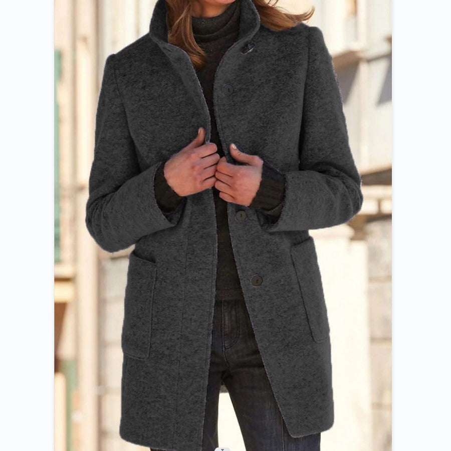 Fashion Stand Collar Woolen Coat With Pockets Fall Winter Casual Button Outwear For Women Clothing Pi-Mart