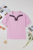 Sachet Pink Striped Dolman Sleeve Color Neckline Blouse | Femstylo