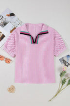 Sachet Pink Striped Dolman Sleeve Pop of Color Neckline Blouse