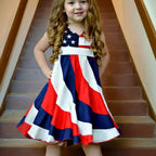 Toddler Girls' Independence Day Dress Red White & Blue Stripes And Stars Short Sleeve Twirl Dress 4th Of July Pi-Mart