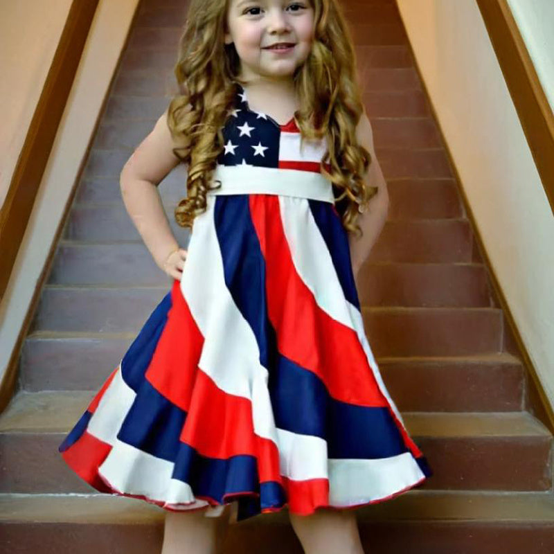 Toddler Girls' Independence Day Dress Red White & Blue Stripes And Stars Short Sleeve Twirl Dress 4th Of July Pi-Mart