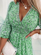 V-neck Printed Dress With Ruffled Waist, Exquisite And Elegant Design-perfect For Spring And Autumn. - SJB-DIAMOND ELITES