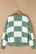 Green Checkered Bishop Sleeve Pullover Sweater