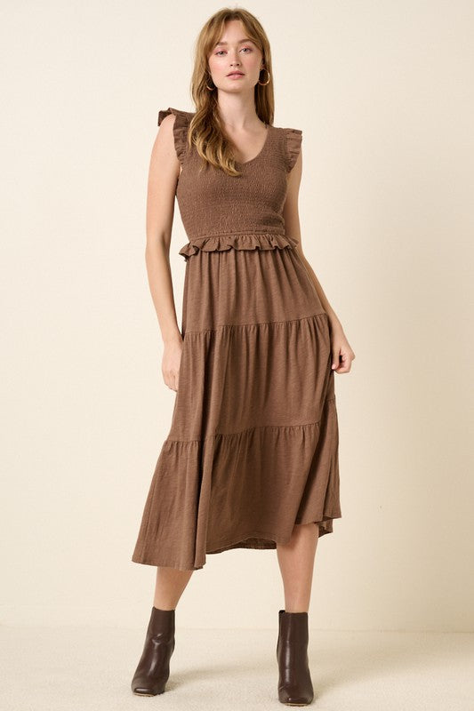 Smocked Ruffled Tiered Midi Dress For Women – Feminine, Romantic & Elegant Boho Chic Dress for Special Occasions
