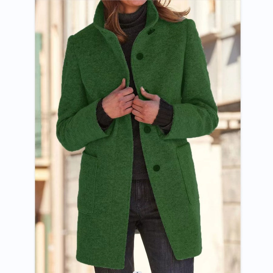 Fashion Stand Collar Woolen Coat With Pockets Fall Winter Casual Button Outwear For Women Clothing Pi-Mart
