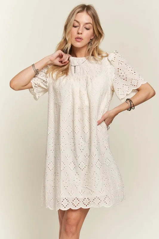 Ruffled Eyelet Round Neck Summer Dress For Women – Elegant Feminine Eyelet Dress with Ruffled Details for Garden Parties & Special Occasions Stevvex