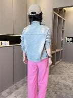 Spring Autumn Short Denim Jacket 2025 New Women's Embroidery Denim Outwear Chinese Style Women Denim Coat Women Loose Jeans Coat Purplish Diva