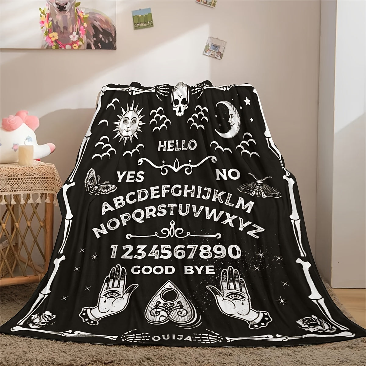 1pc Halloween Blanket Black Gothic Spooky Goth Palmistry Witchy Boho Sun Moon Star Horror Skull Cool Mysterious Throw Blanket For Living Room & Bedroom, Home Decor, Travel Lootquake LLC