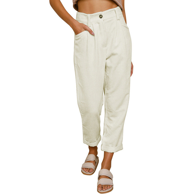 Women's High Waist Pure Color Corduroy Casual Pants Pi-Mart