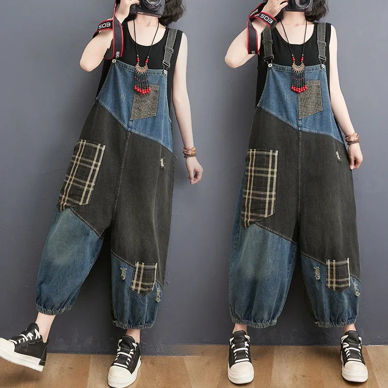 Oversized Denim Straps Pants Women's Fashion Plaid Patchwork Jumpsuits Casual Loose Ladies Wide Leg Reducing Age Jeans Rompers Purplish Diva