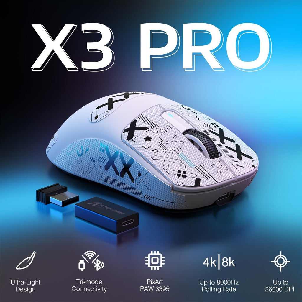 4K/8K ATTACK SHARK X3PRO Wireless Gaming Mouse - Ultra-Lightweight, Sweat-Resistant, Anti-Slip Design with Self-Adhesive Elastics Refined Side Grips, Anti-Sweat Paste, and Premium Grip Tape for Enhanced Gaming Performance Lootquake LLC
