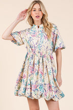 New Summer Floral Eyelet Lace Puff Sleeve Mini Shirt Dress For Women – Elegant, Trendy, Chic and Feminine Mini Shirt Dress with Puff Sleeves and Floral Eyelet Lace