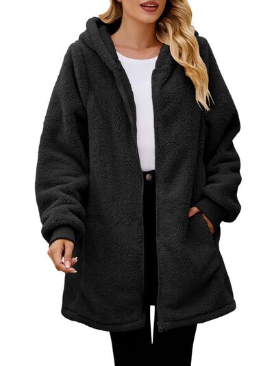 Comfortable Fuzzy Pocketed Zip-Up Long Sleeve Hooded Jacket Cozy & Warm Soft Outerwear For Winter Stevvex