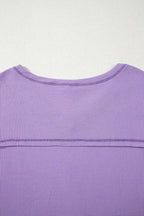 Blue Exposed Seam Drop Sleeve V Neck Waffle Textured Top