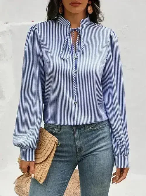 Striped Tie Neck Long Sleeve Blouse – Femstylo - SJB-DIAMOND ELITES