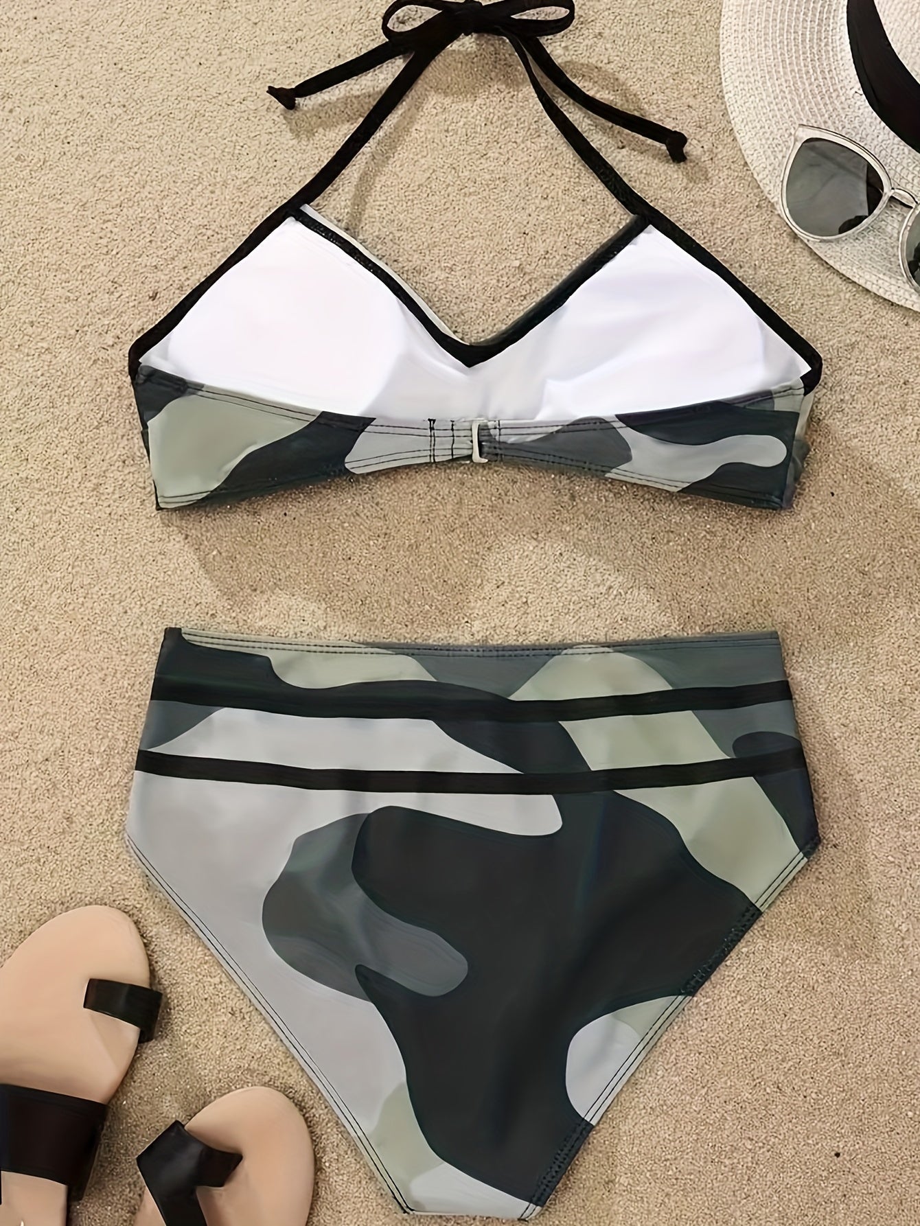 Bikini Camo Print 2 Piece High Cut Halter Swimsuit for Women – Vibrant V Neck Backless Bikini Set with Ruched Detail – Comfortable Stretchy Swimwear for Beach Pool and Summer Vacation Stevvex