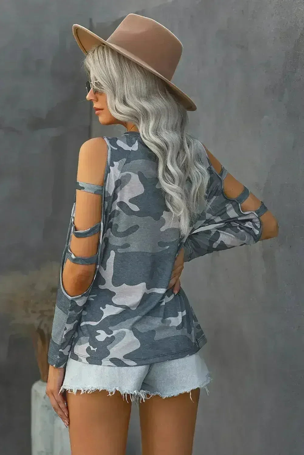 Camouflage Shoulder To Hollow Out Long Sleeve Top - SJB-DIAMOND ELITES