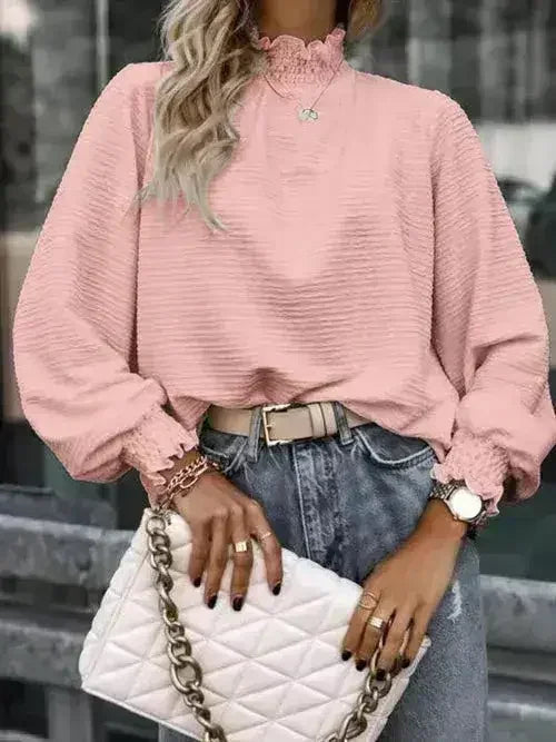 Smocked Frill Mock Neck Long Sleeve Blouse - SJB-DIAMOND ELITES