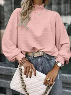 Smocked Frill Mock Neck Long Sleeve Blouse - SJB-DIAMOND ELITES
