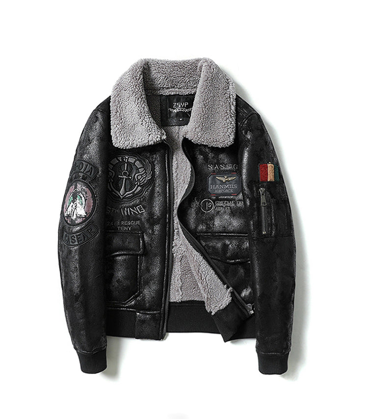 Men American Retro Lapel Plus Velvet Flight Suit Pi-Mart