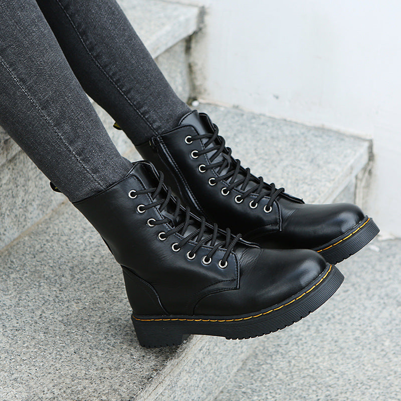 Fashion Lace-up Boots For Women Autumn And Winter Black White Zipper Mid-calf Boots Elegant Low Heel Shoes Pi-Mart