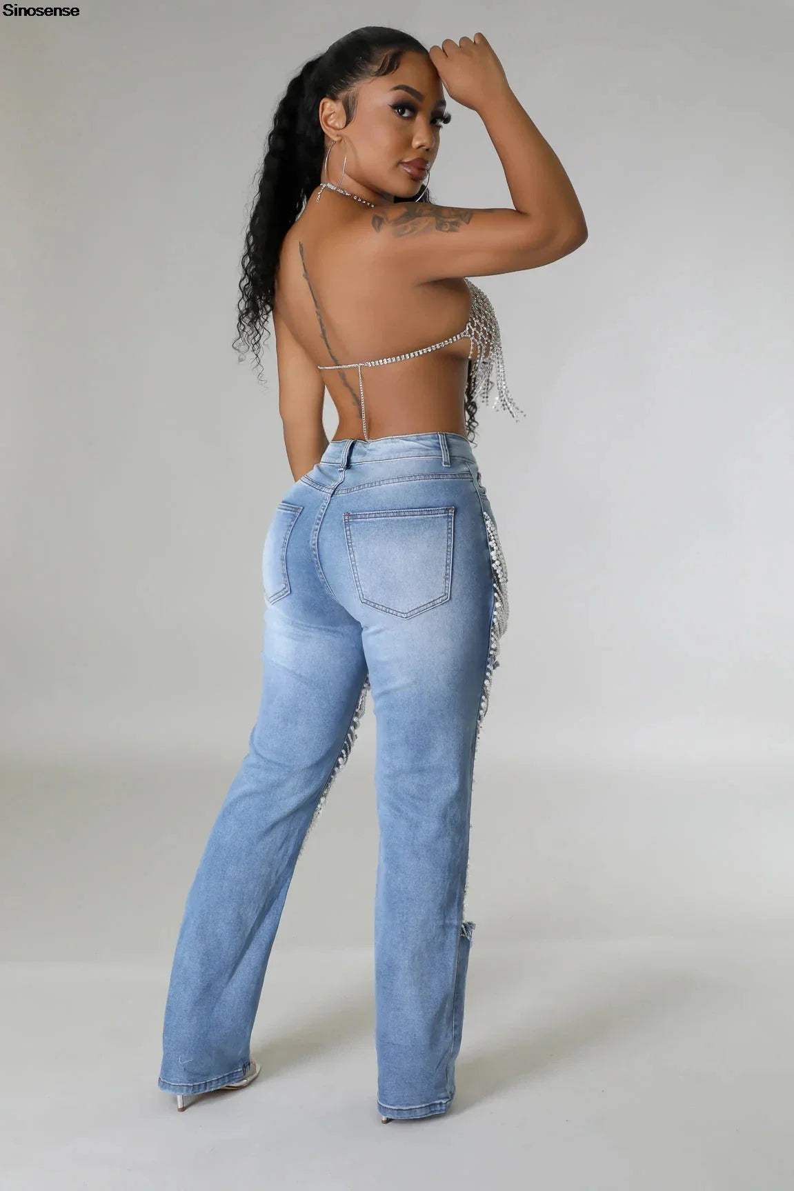 Women's Destroyed Ripped Hole Denim Pants Pearl Rhinestones Chain Distressed Slim Fit Skinny Jeans Y2K Night Club Party Jeans Purplish Diva