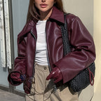 Solid Color Lapel Zipper Jacket Fashion Casual Long Sleeve Leather Coat Tops Women Clothing Pi-Mart