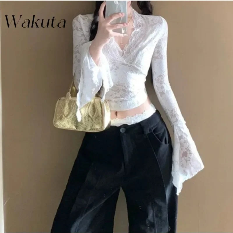 WAKUTA Sexy Lace Shirt V-neck Long-sleeved Outwear Tops Fall Short Tight Design Pure Desire Hottie Inner Pullovers Кофта Женская Purplish Diva