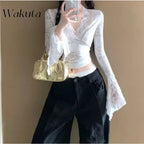 WAKUTA Sexy Lace Shirt V-neck Long-sleeved Outwear Tops Fall Short Tight Design Pure Desire Hottie Inner Pullovers Кофта Женская Purplish Diva